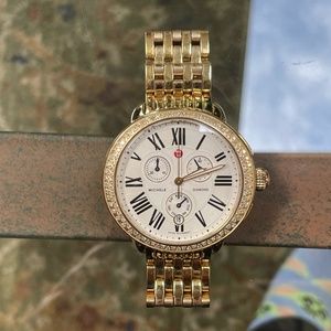 Michele Limited Edition Serein Gold Diamond Bezel Watch w/ Mother Of Pearl Dial